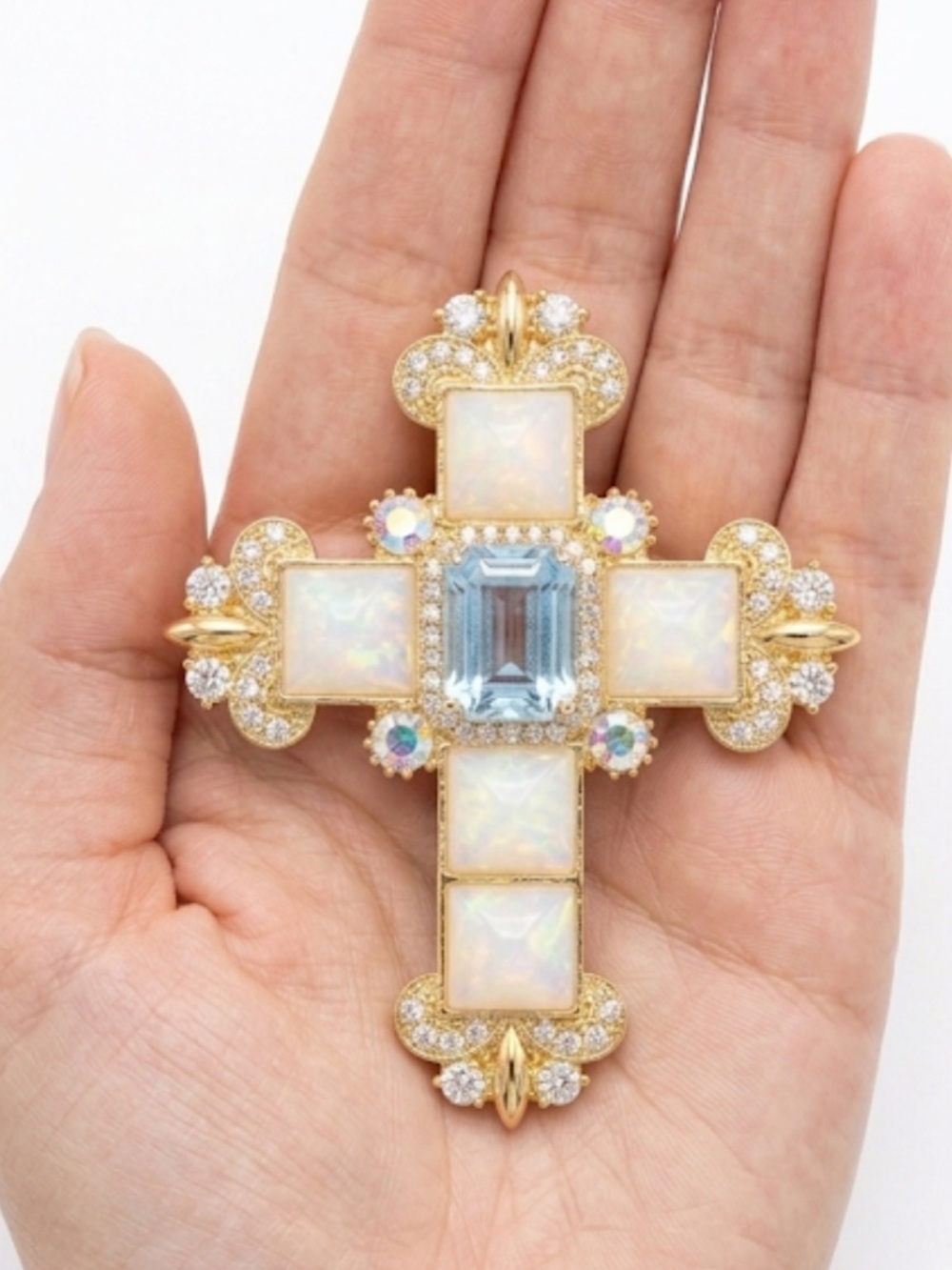 Gold Baroque Cross Brooch - White Pyramid Stones & Crystal Accents New
